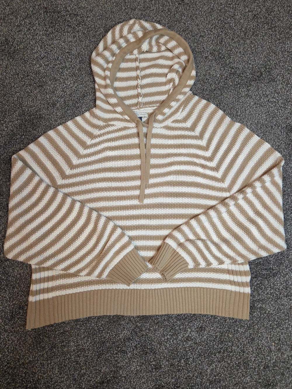 American Eagle Striped Hooded Pullover Sweater - Cream & Tan